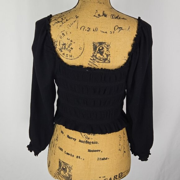 Rue21 Black Ruched Long Sleeve Top Womens Sz L Boho Peasant Cottagecore Romantic - Picture 4 of 14